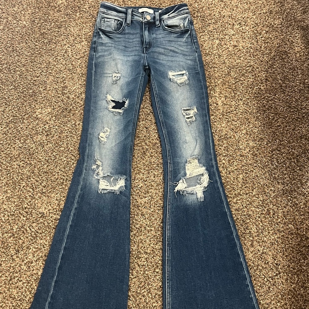 KanCan ripped wide leg/flare jeans dark blue and white wash slim fit high rise
